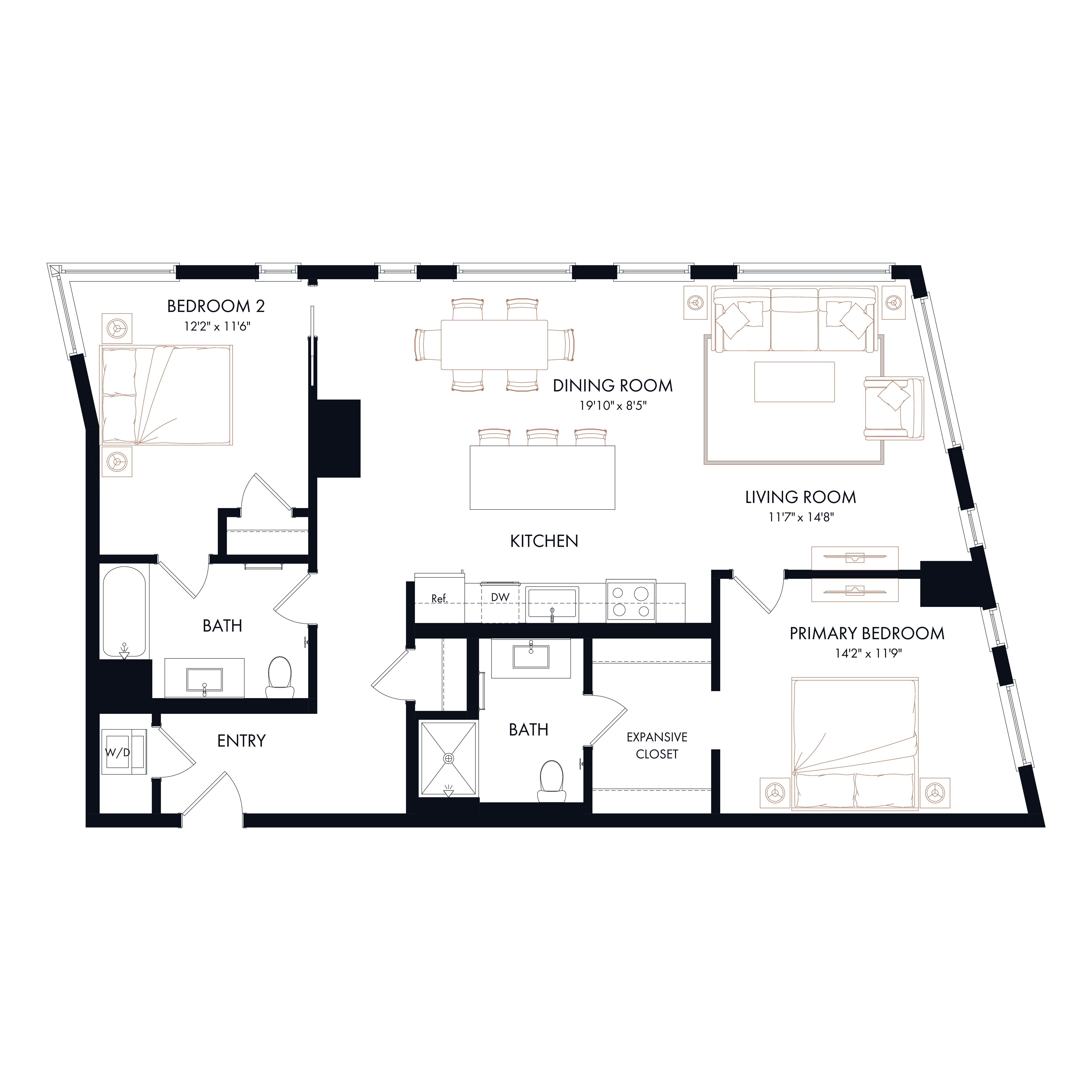 Floor plan layout diagram for B4 | 2 Bed | 2 Bath